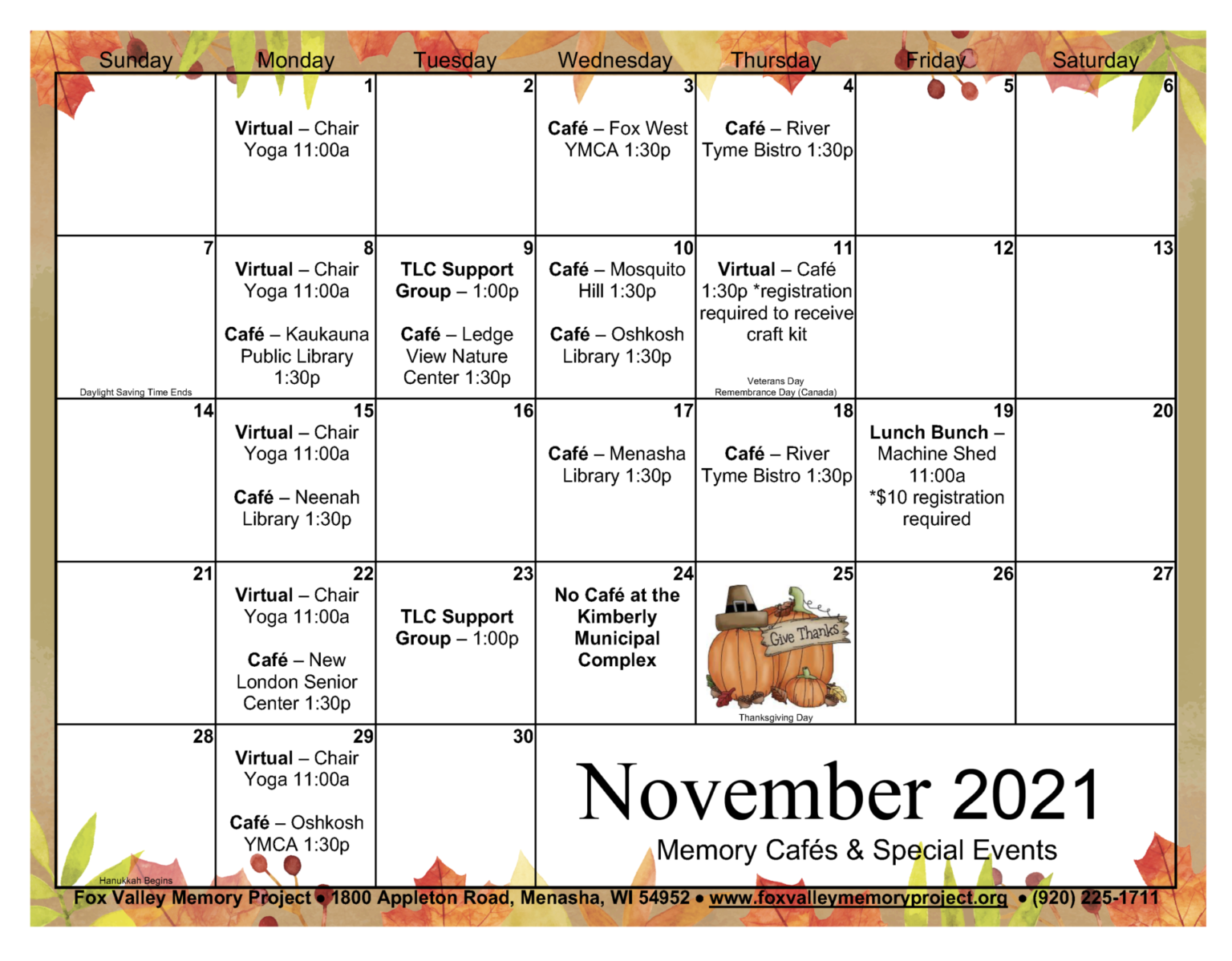 Calendar of dementia and memory loss participant and caregiver events for month of November including memory cafes